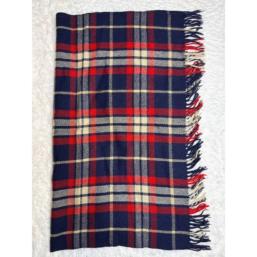 1960s CarlDyke Tartan Wool Stadium Blanket Red Navy Plaid Fringe 51x38